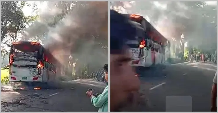 মাদারীপুরে চলন্ত বাসে আগুন, লাফিয়ে নামার সময় চাকায় পিষ্ট হয়ে যাত্রীর মৃত্যু